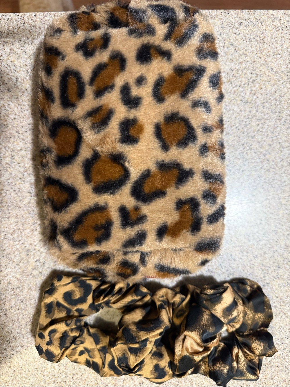 Leopard Print Faux Fur Case with 3 Matching Scrunchies. Never worn or used.